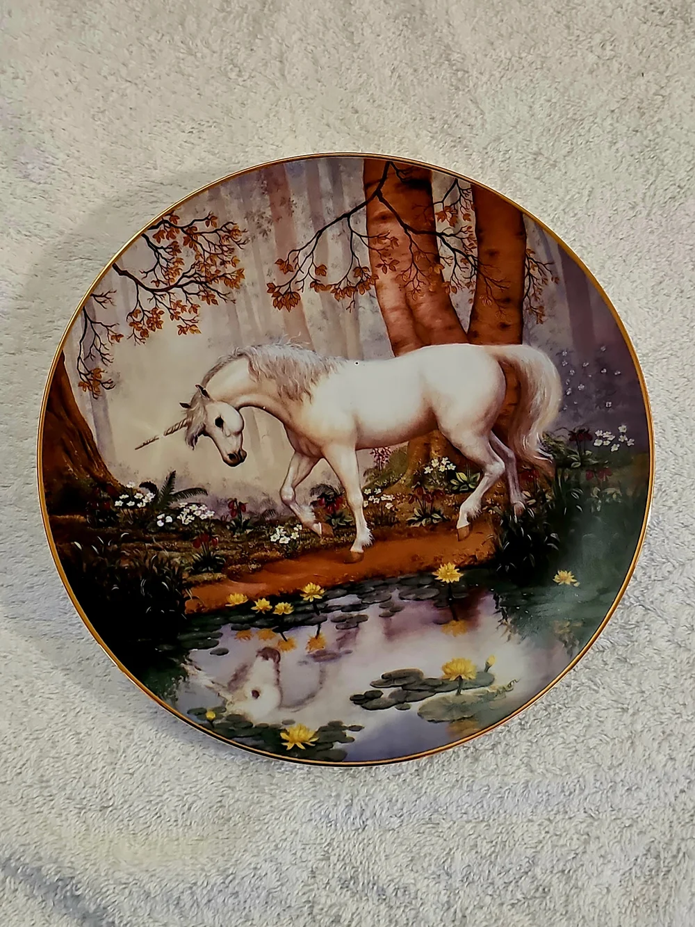 White Unicorn Wall Art Plate with Gold Rim